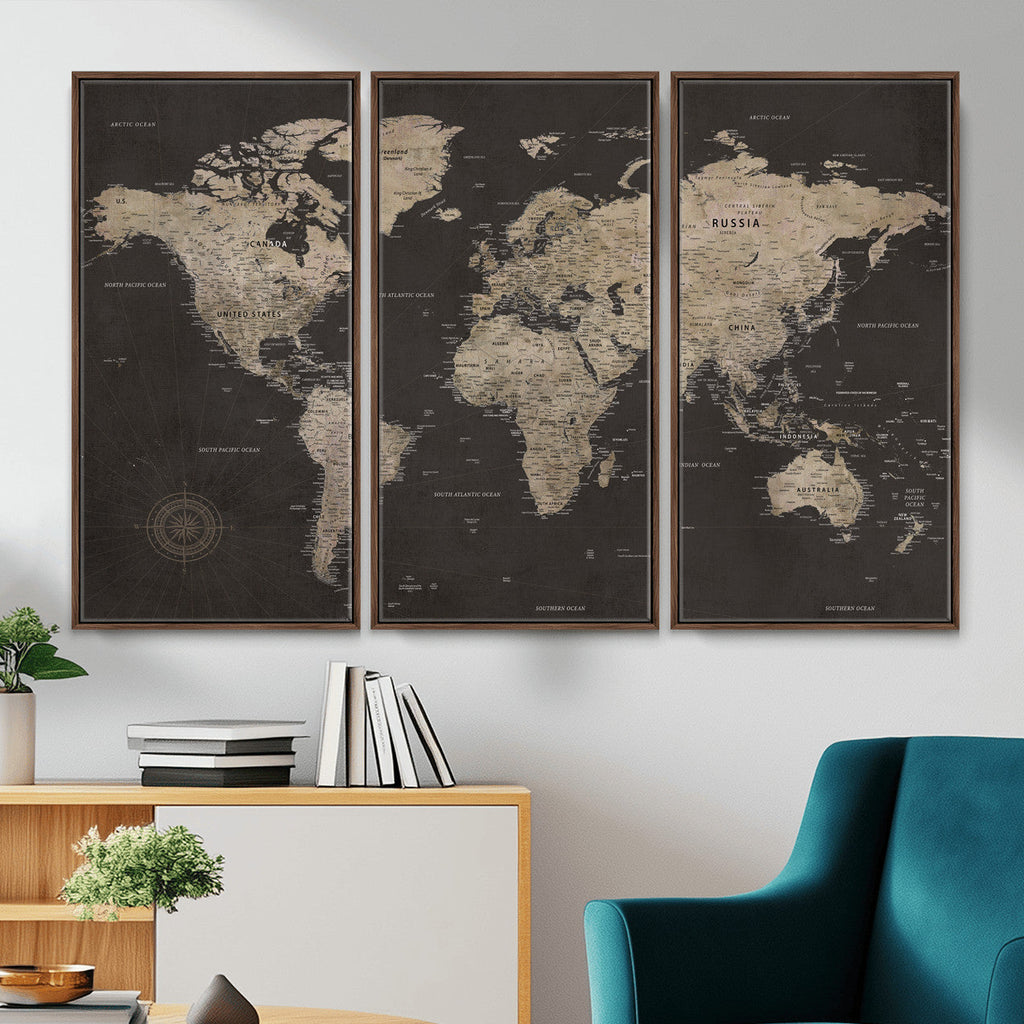 World Map Canvas Wall Art, Dark Charcoal and Antique Tan Detailed Map
