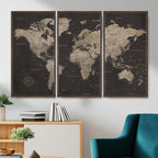 World Map Canvas Wall Art, Dark Charcoal and Antique Tan Detailed Map