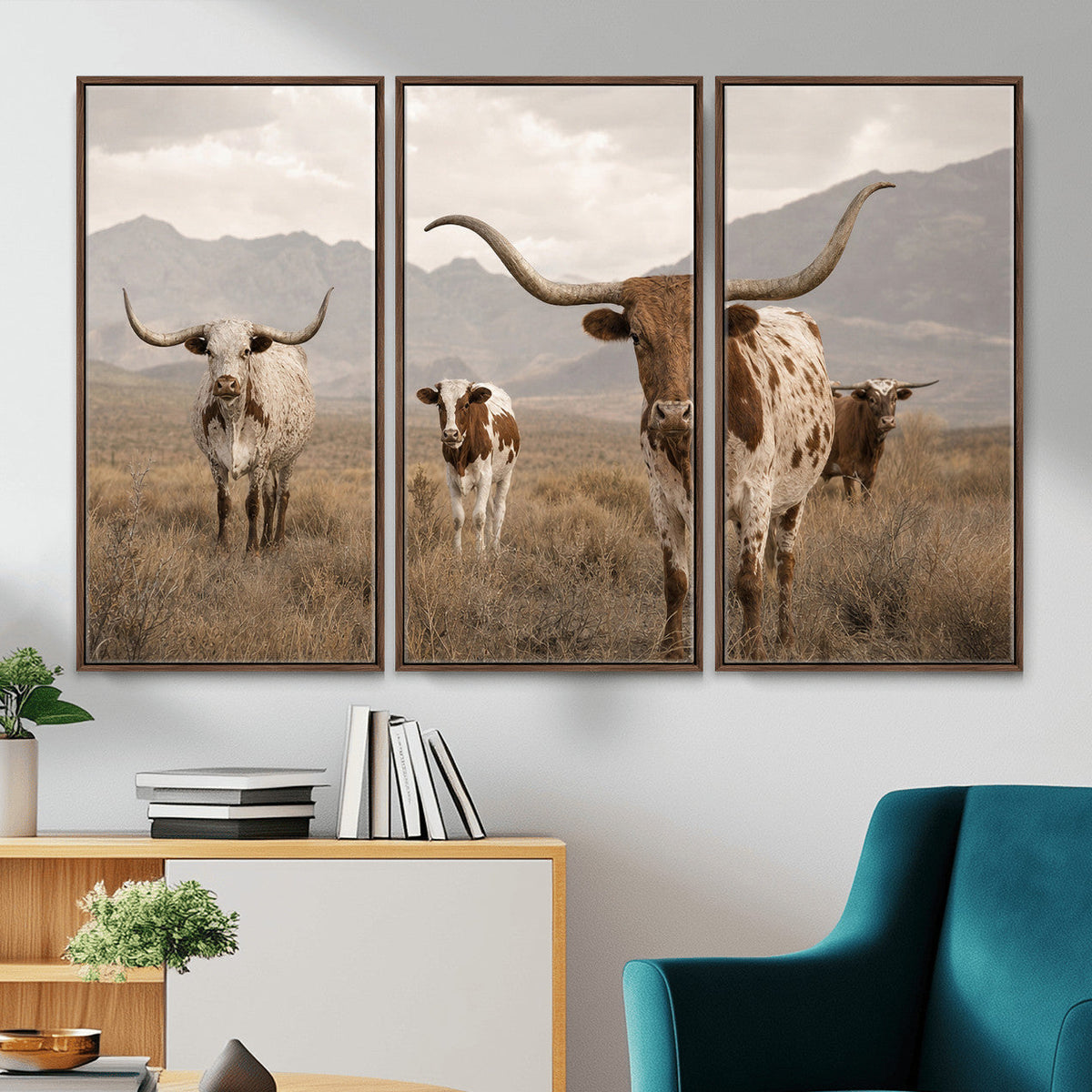 Rustic Texas Longhorn Cow Canvas Wall Art Print, Farm Animal Photography