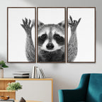 Funny Raccoon Canvas Wall Art, Black White Hands Up Animal Photo Print