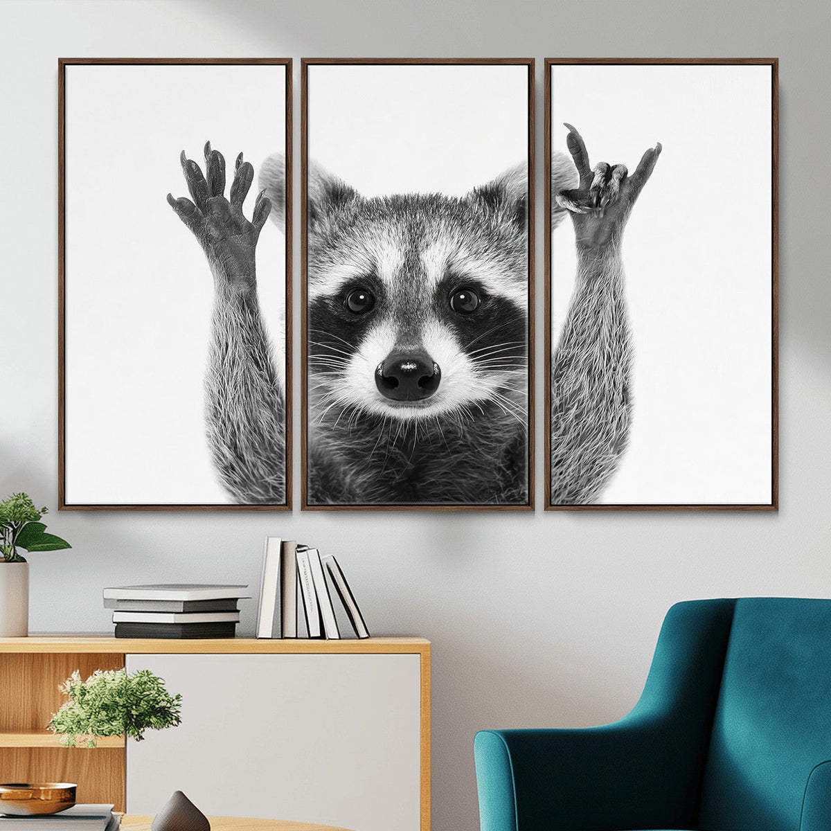 Funny Raccoon Canvas Wall Art, Black White Hands Up Animal Photo Print