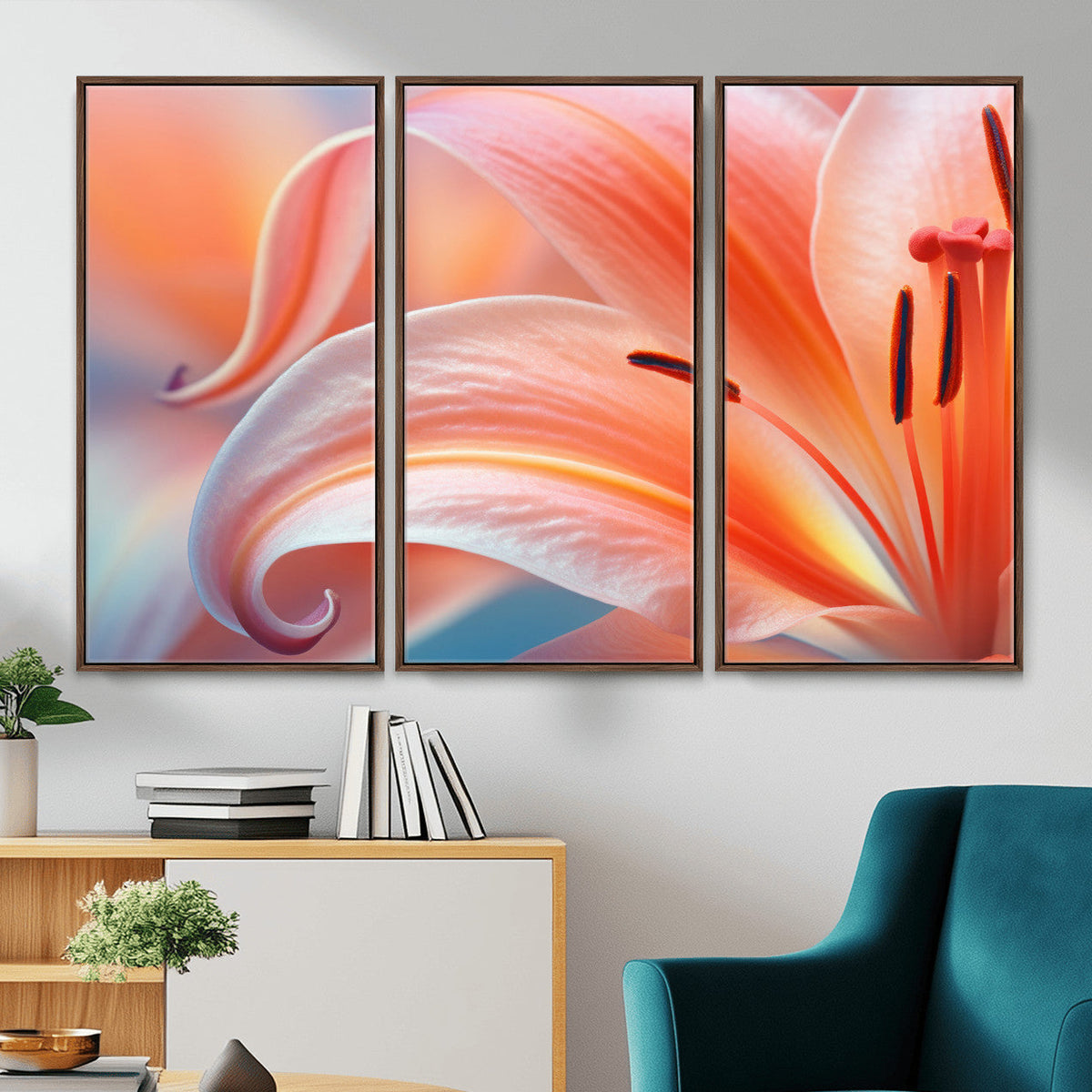 Peach Lily Canvas Wall Art, Coral Pink Flower Macro Photo Print, Botanical Decor