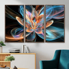 Fractal Lotus Canvas Wall Art, Blue Orange Glowing Flower Abstract Print
