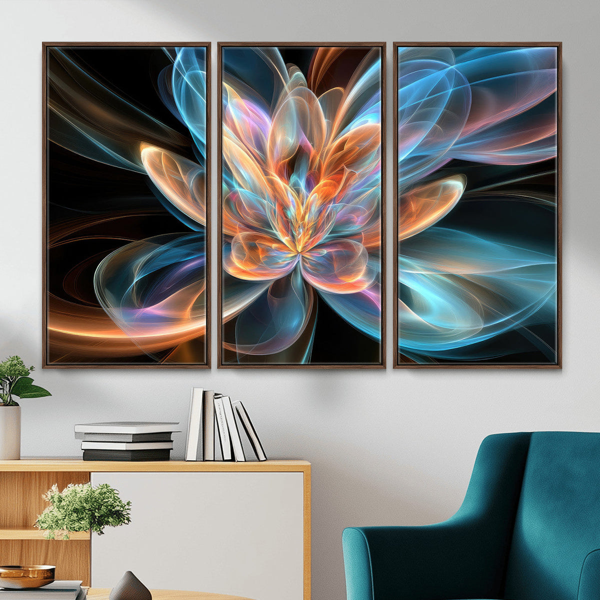 Fractal Lotus Canvas Wall Art, Blue Orange Glowing Flower Abstract Print