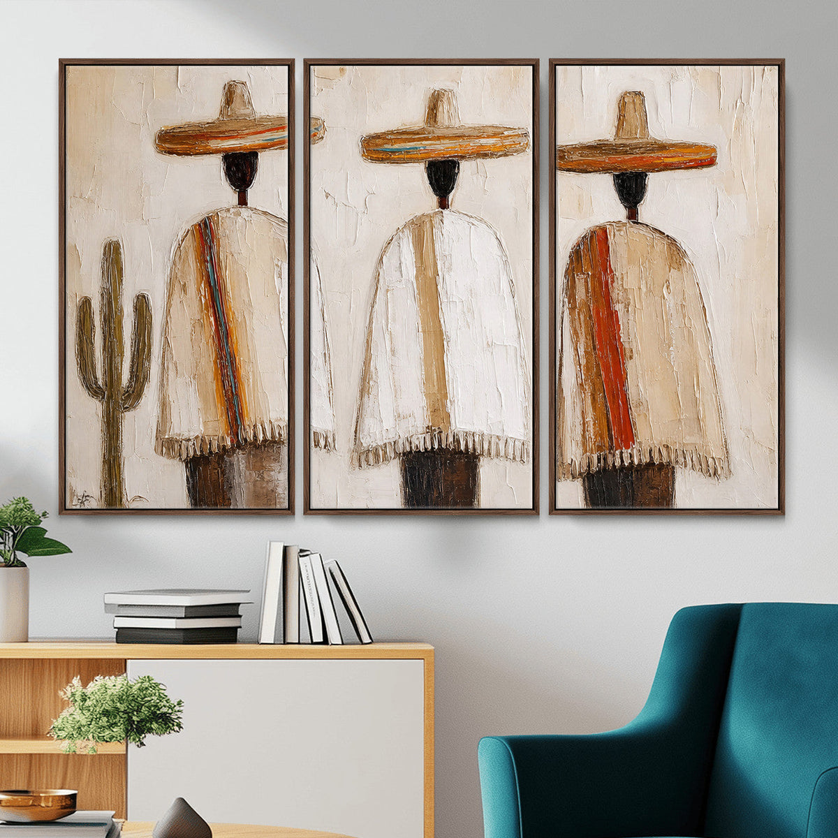 Mexican Wall Art Canvas Print, Southwestern Sombrero Poncho Painting Print, Boho Decor
