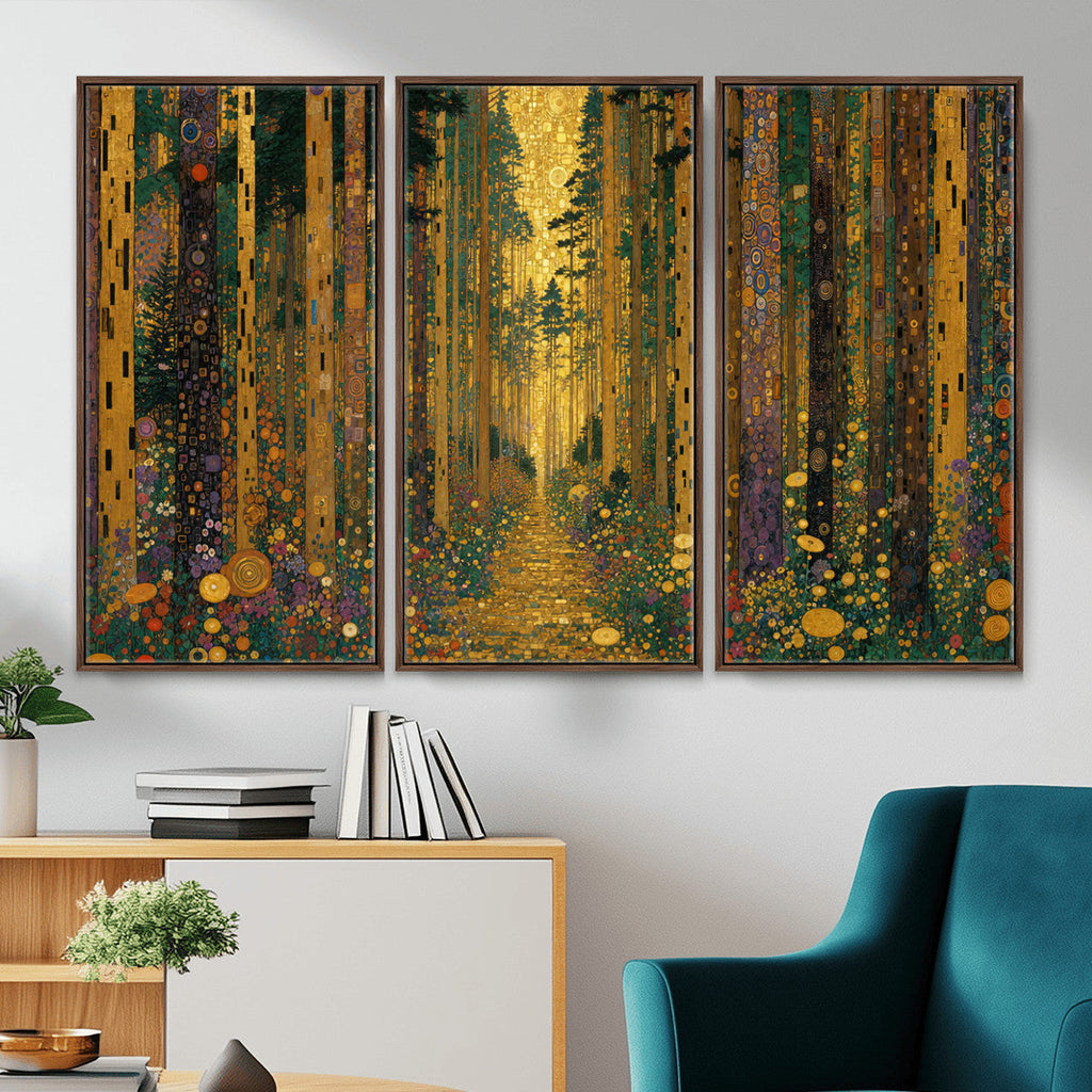 Gustav Klimt Style Forest Canvas Wall Art, Golden Forest Path Floral Art Nouveau Print