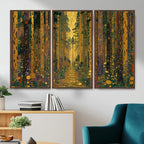 Gustav Klimt Style Forest Canvas Wall Art, Golden Forest Path Floral Art Nouveau Print