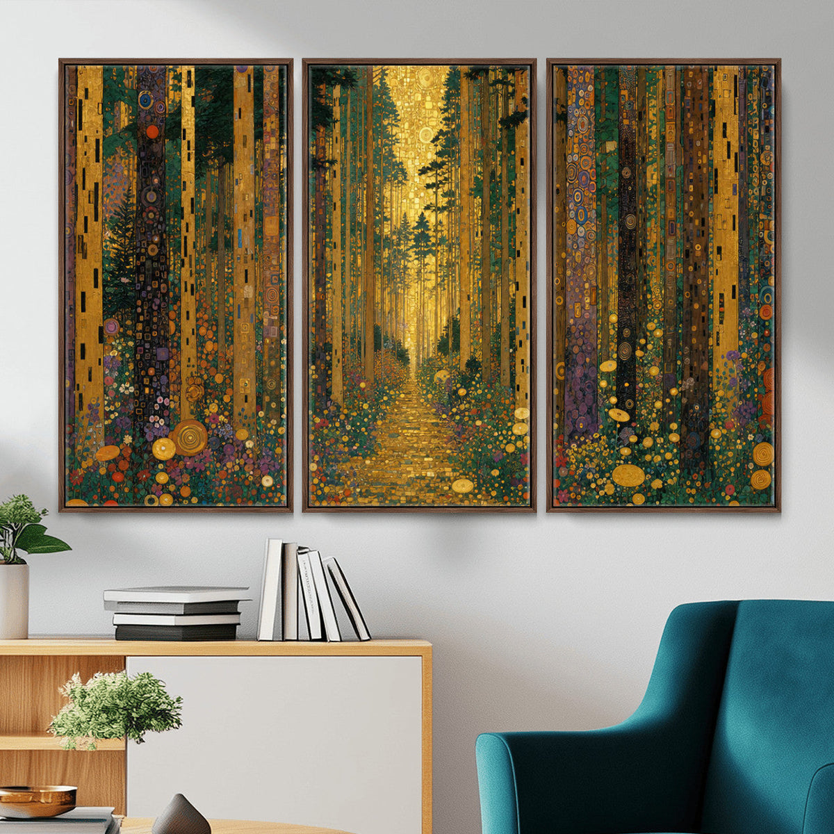 Gustav Klimt Style Forest Canvas Wall Art, Golden Forest Path Floral Art Nouveau Print