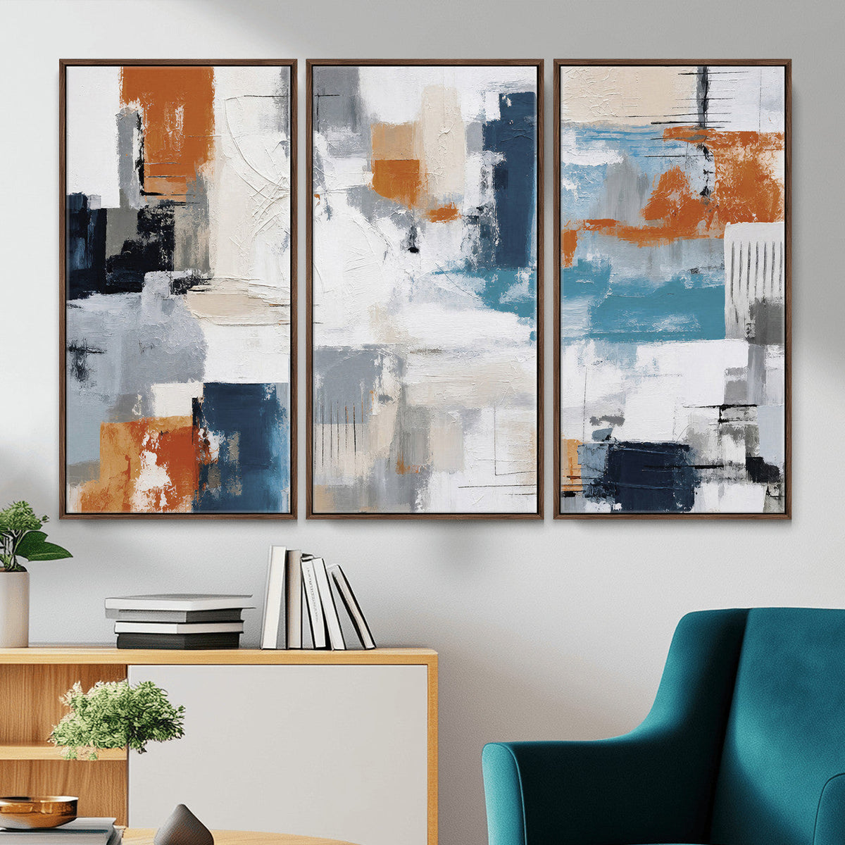 Blue Teal Abstract Canvas Wall Art, Modern Brushstroke Style Print, Navy Orange Contemporary Decor