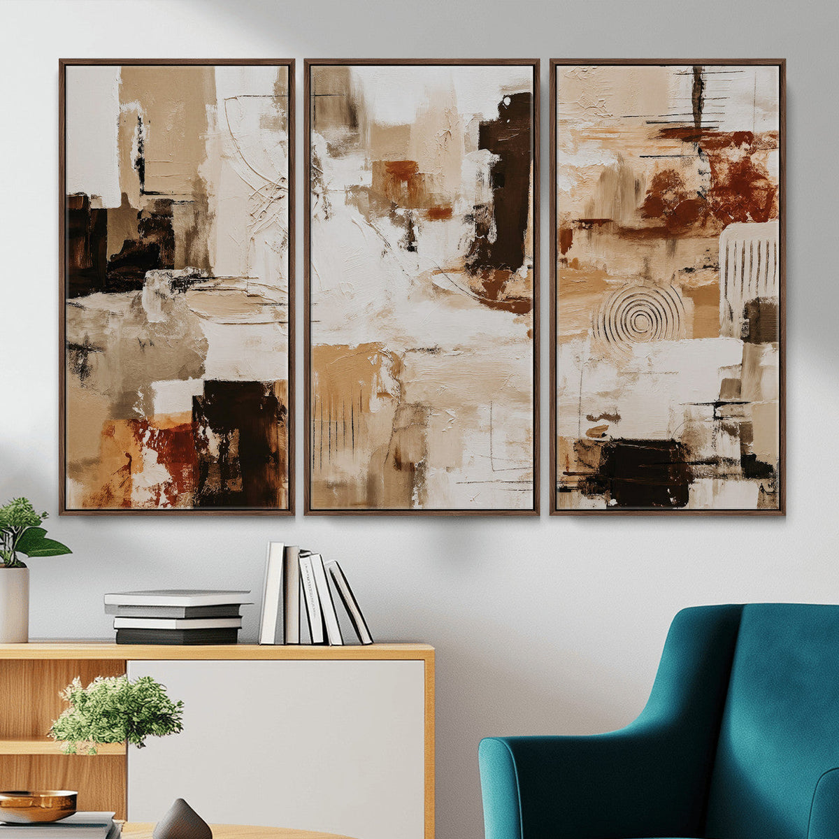 Blue Teal Abstract Canvas Wall Art, Modern Brushstroke Style Print, Navy Orange Contemporary Decor