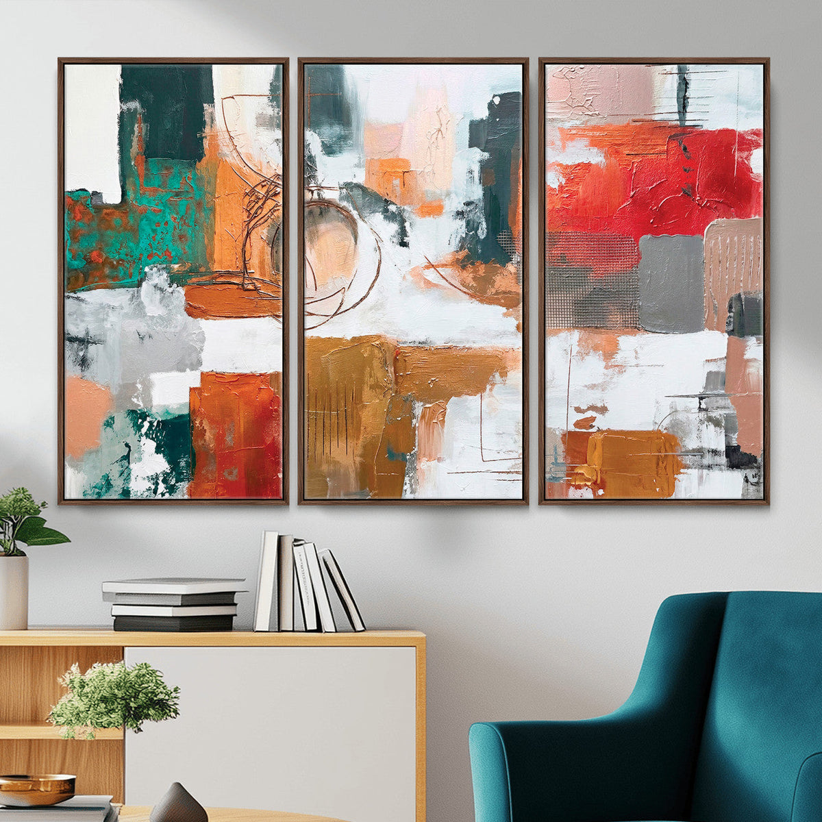 Blue Teal Abstract Canvas Wall Art, Modern Brushstroke Style Print, Navy Orange Contemporary Decor