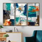 Blue Teal Abstract Canvas Wall Art, Modern Brushstroke Style Print, Navy Orange Contemporary Decor