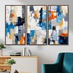 Blue Teal Abstract Canvas Wall Art, Modern Brushstroke Style Painting Print, Navy Orange Contemporary Decor