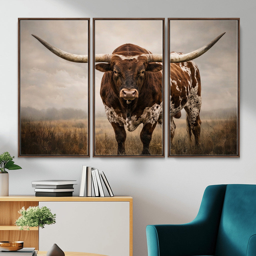 Texas Longhorn Wall Art Canvas Print | Brown Horned Bull Rustic Western Decor