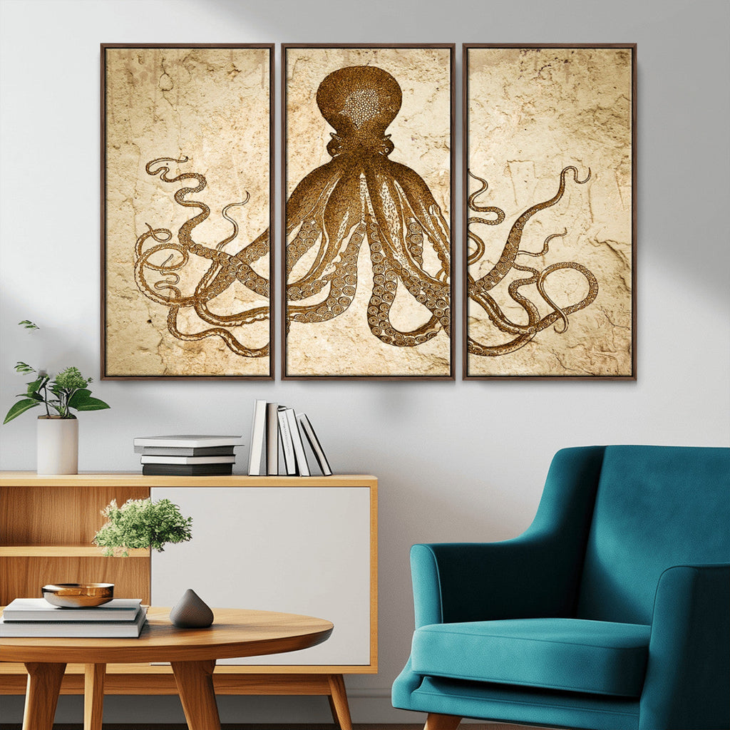 Sepia Octopus Wall Art Abstract Animal Canvas Print