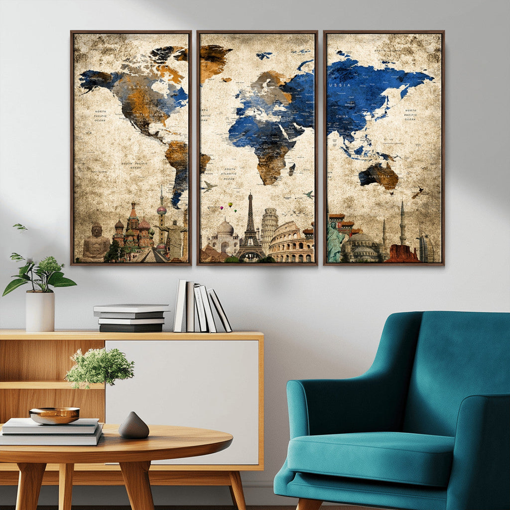 World Map Canvas Print | Vintage Blue and Gold World Map Wall Art