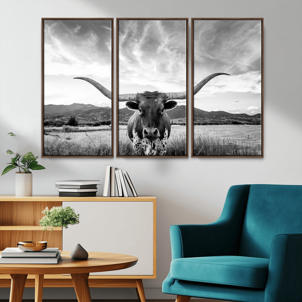 Longhorn Black and White Wall Art | Rustic Western Bull Canvas Print