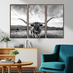 Longhorn Black and White Wall Art | Rustic Western Bull Canvas Print