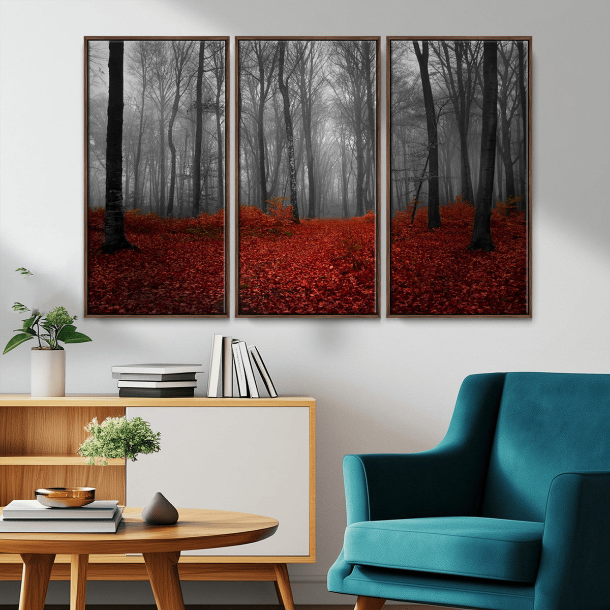 Red Forest Floor Canvas Wall Art | Mystical Foggy Woodland Triptych