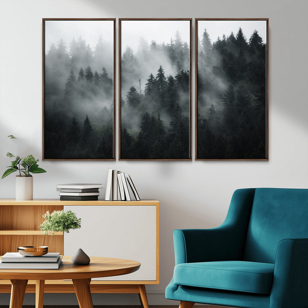 Foggy Forest Wall Art Canvas Print | 3 Panel Large Misty Landscape