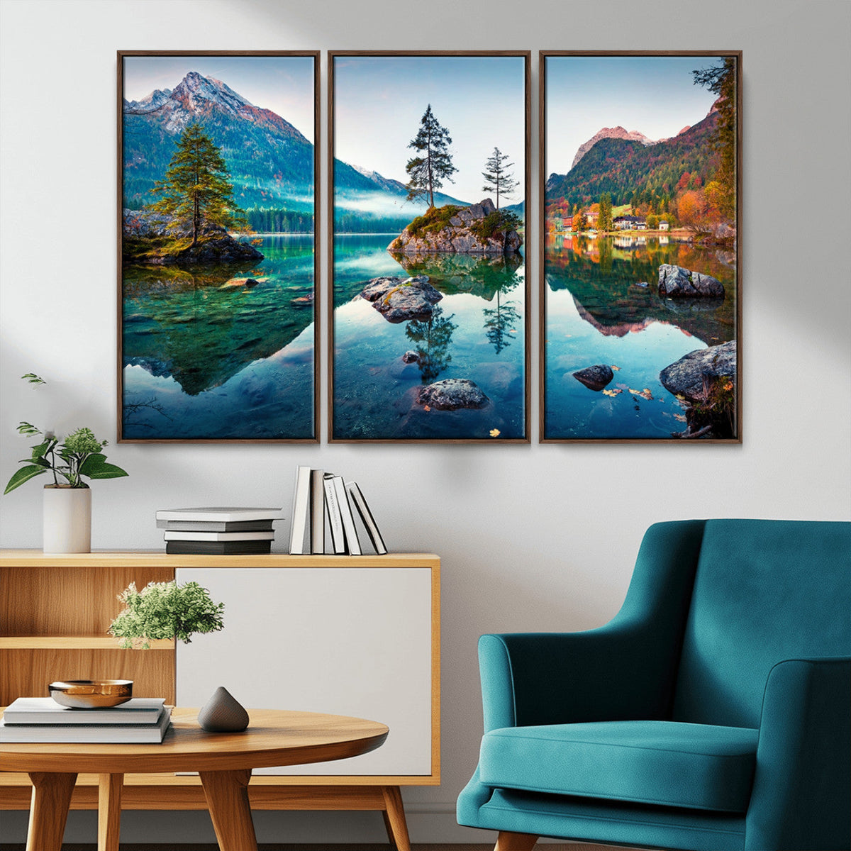 Crystal Clear Lake Wall Art | Mountains Wall Art Canvas | 3 Panel Landscape