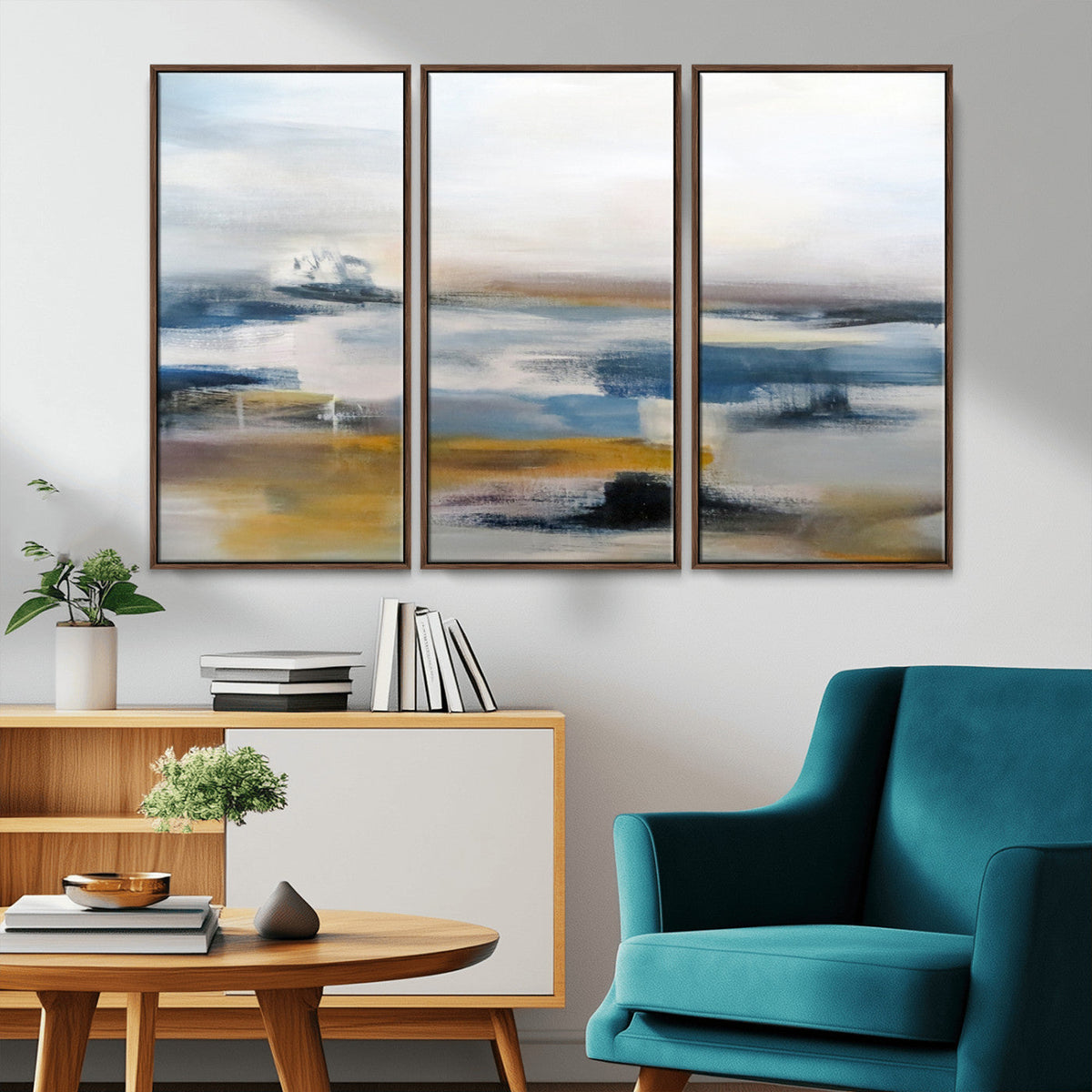 Abstract Landscape Wall Art Canvas | 3 Panel Modern Blue, Gold and White Canvas Art
