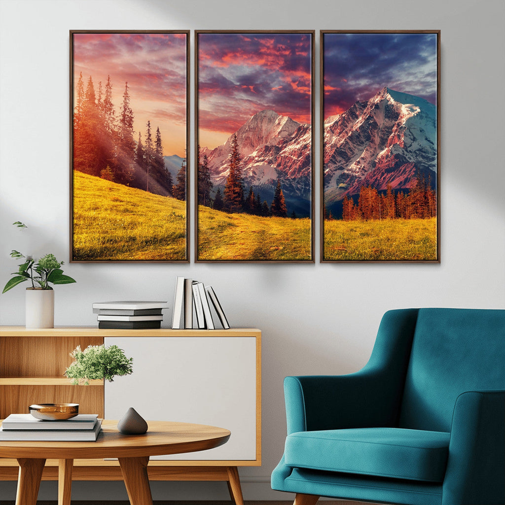 Mountain and Daylight Red Sunset Wall Art Canvas Print
