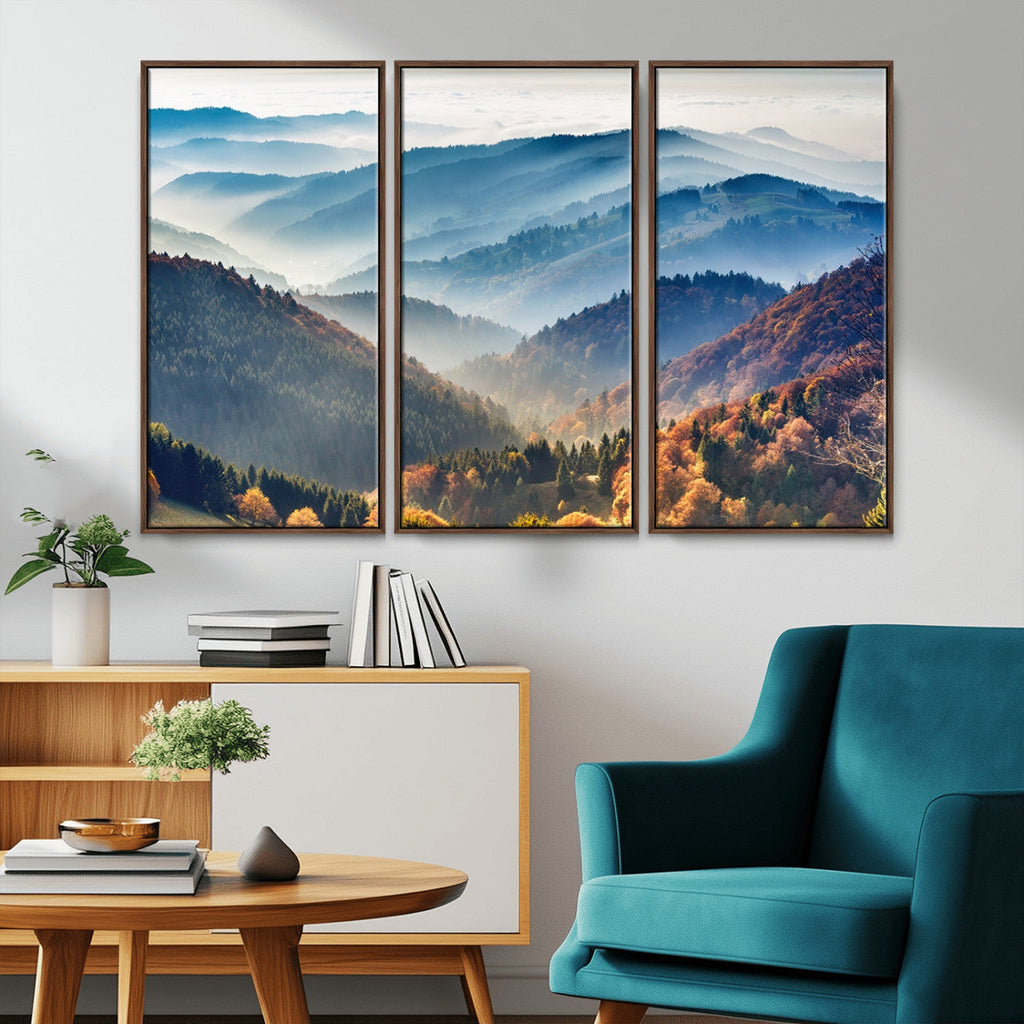 Misty Mountain Sunrise Triptych Canvas Print | Autumn Landscape Wall Art