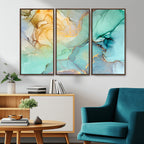Abstract Aqua and Gold Fluid Wall Art Canvas | 3 Panel Large Canvas Print