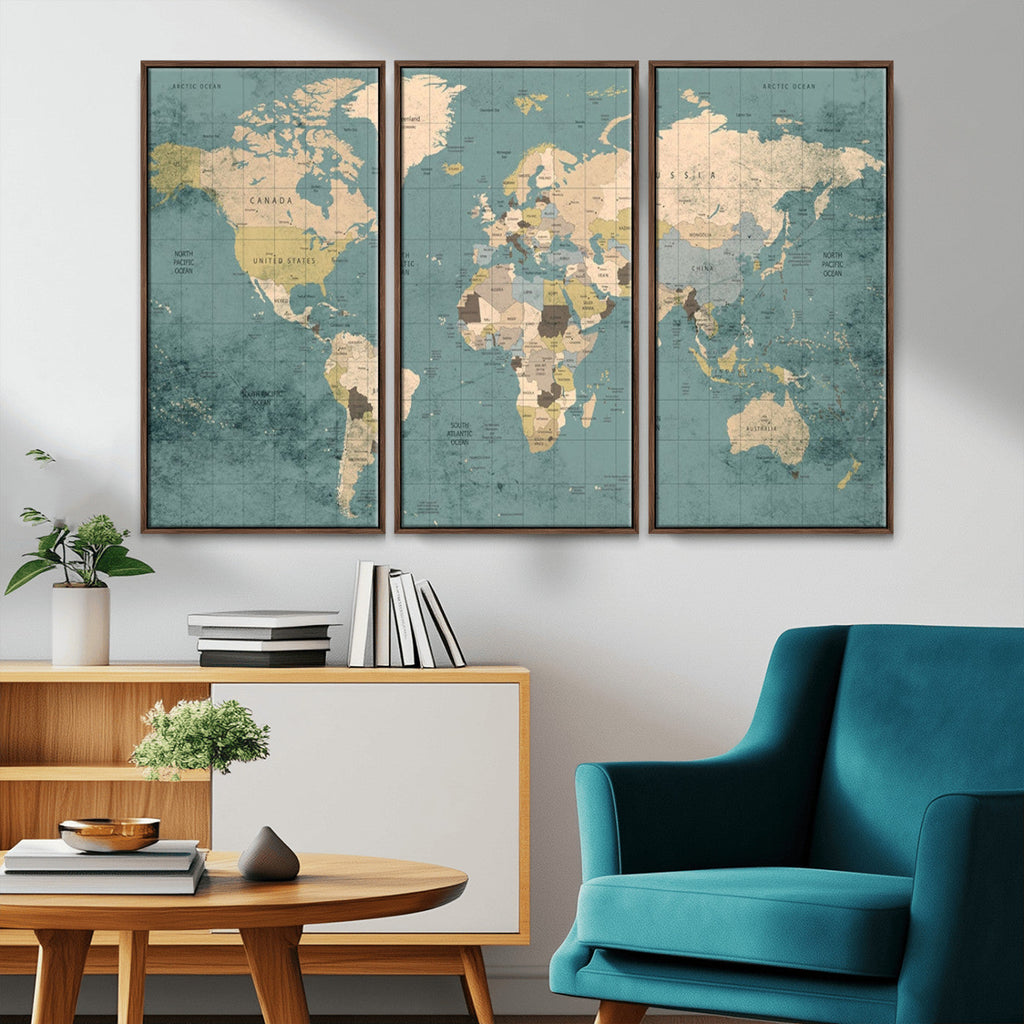 Classic World Map Canvas Print | Framed Vintage Map Wall Art
