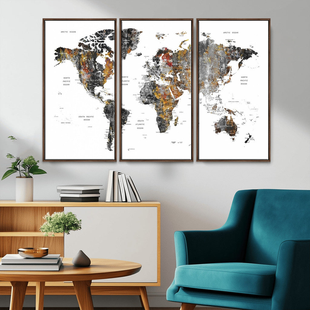 Modern Metallic World Map Canvas Wall Art | Framed Contemporary World Map Print