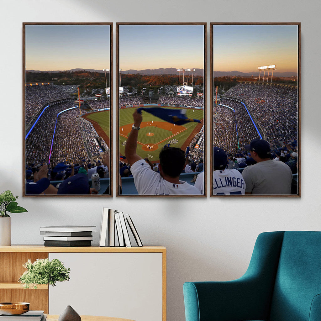 Dodger Stadium Sunset Game Triple Canvas Wall Art, Los Angeles Dodgers MLB Match