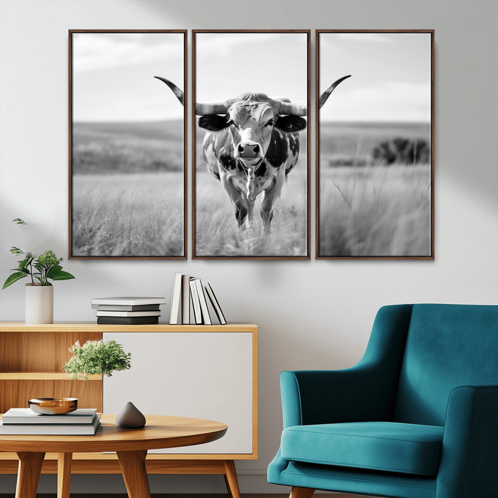 Texas Cow Longhorn Wall Art Canvas Print for Farm House Wall Art, Framed and Ready to Hang