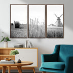 Vintage Farmhouse Black and White Triptych Wall Art, Giclee Canvas with Wheat Fields, Hay Bales and Windmill