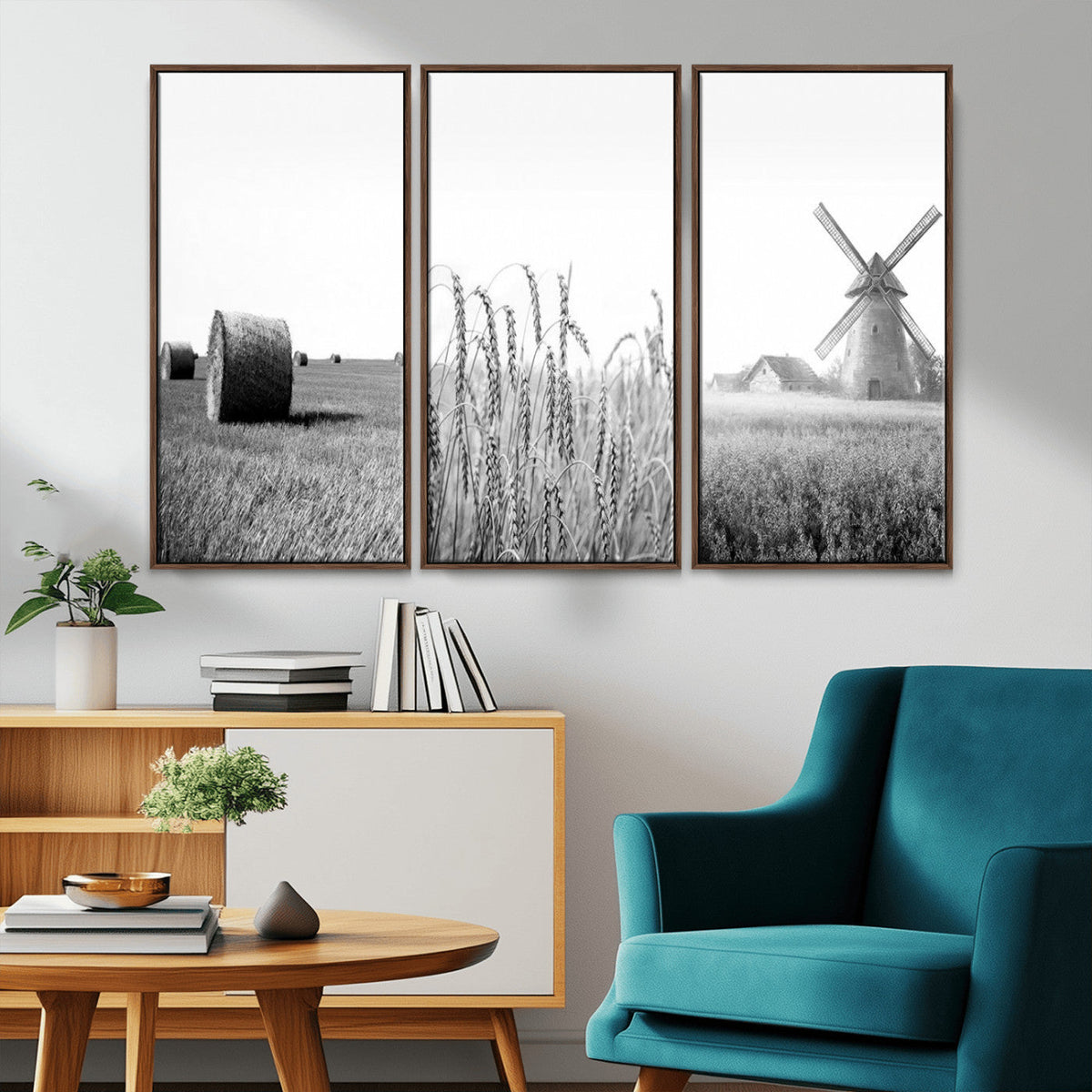 Vintage Farmhouse Black and White Triptych Wall Art, Giclee Canvas with Wheat Fields, Hay Bales and Windmill
