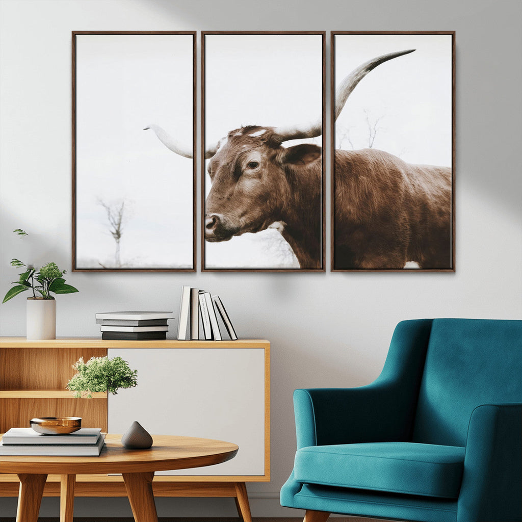 Rustic Bull Wall Art Canvas Print, Modern Longhorn Farmhouse Animal Decor