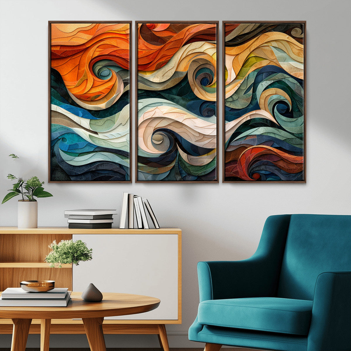 Abstract Wave Wall Art, Ready to Hang Framed Canvas Print | Extra Large 3 Piece Canvas Wall Art