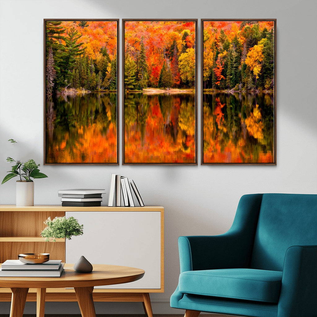 Forest Reflection Art | Autumn Forest Reflection Wall Art | Triptych Canvas Print