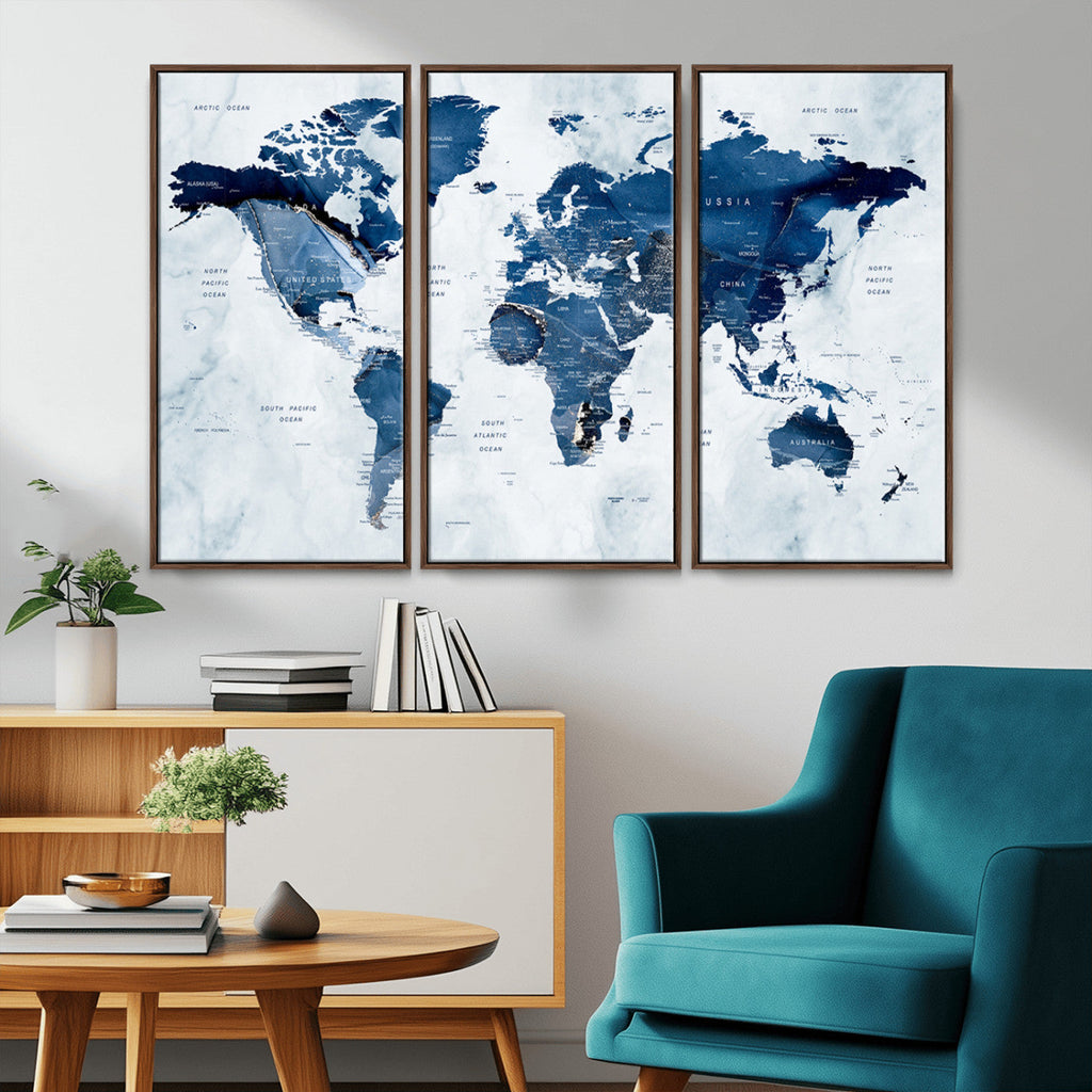 Modern Blue World Map Canvas Print | Elegant Travel Map Wall Art for Home Office
