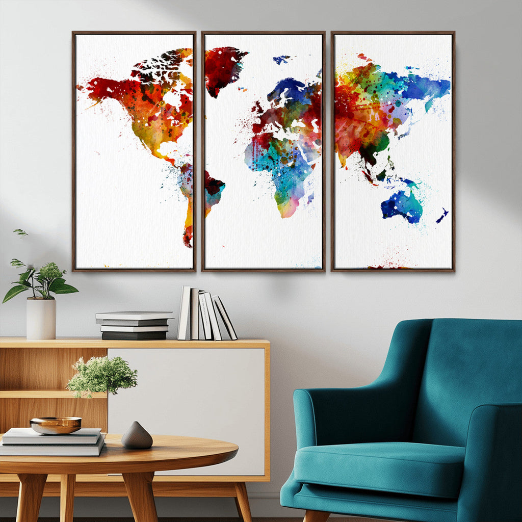 Colorful World Map Canvas Wall Art Print, Contemporary Global Map Artwork