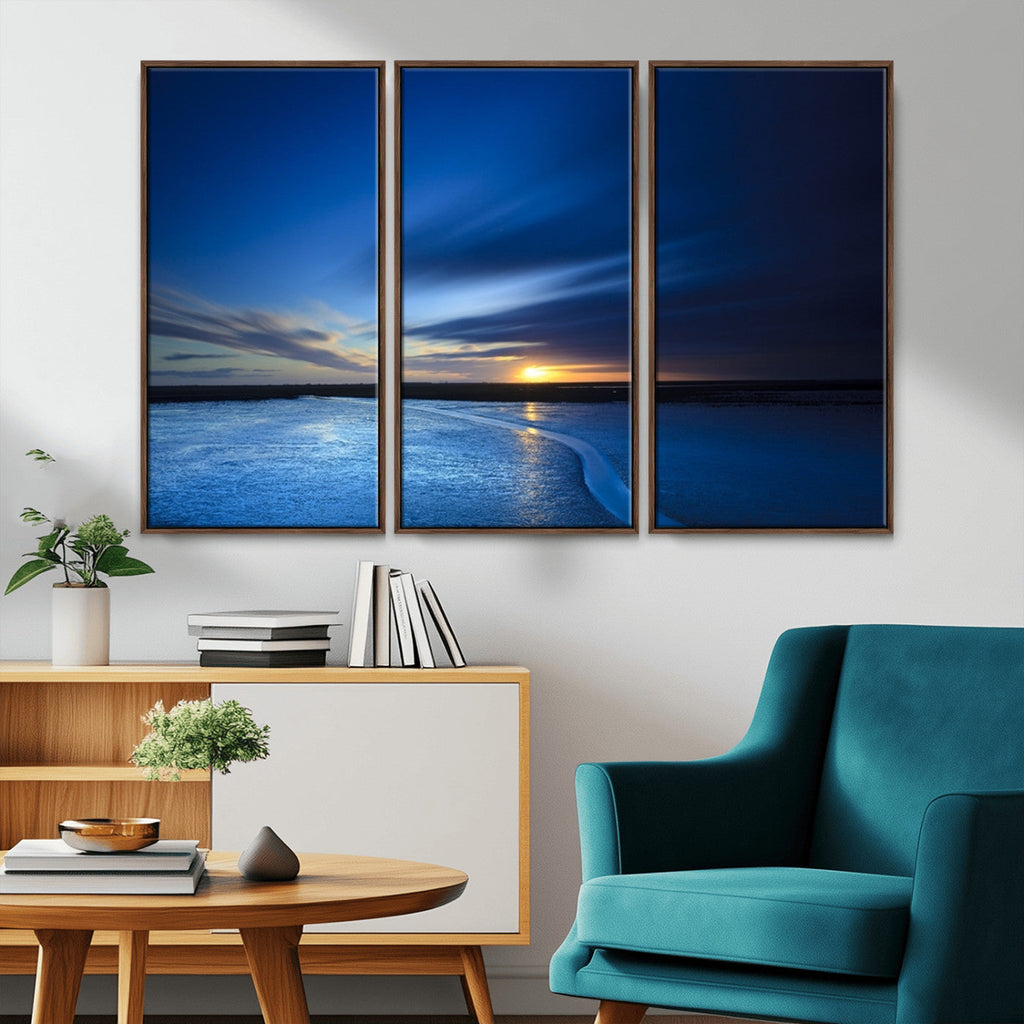 Blue Sunset Ocean Canvas Wall Art Print | Serene Coastal Horizon