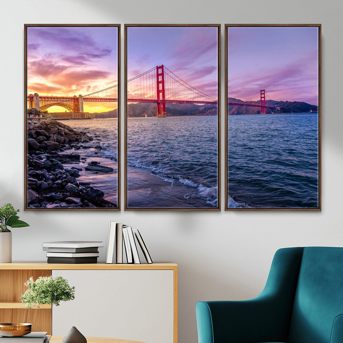 Golden Gate Bridge Wall Art Canvas Print, Framed San Francisco Sunset Landmark