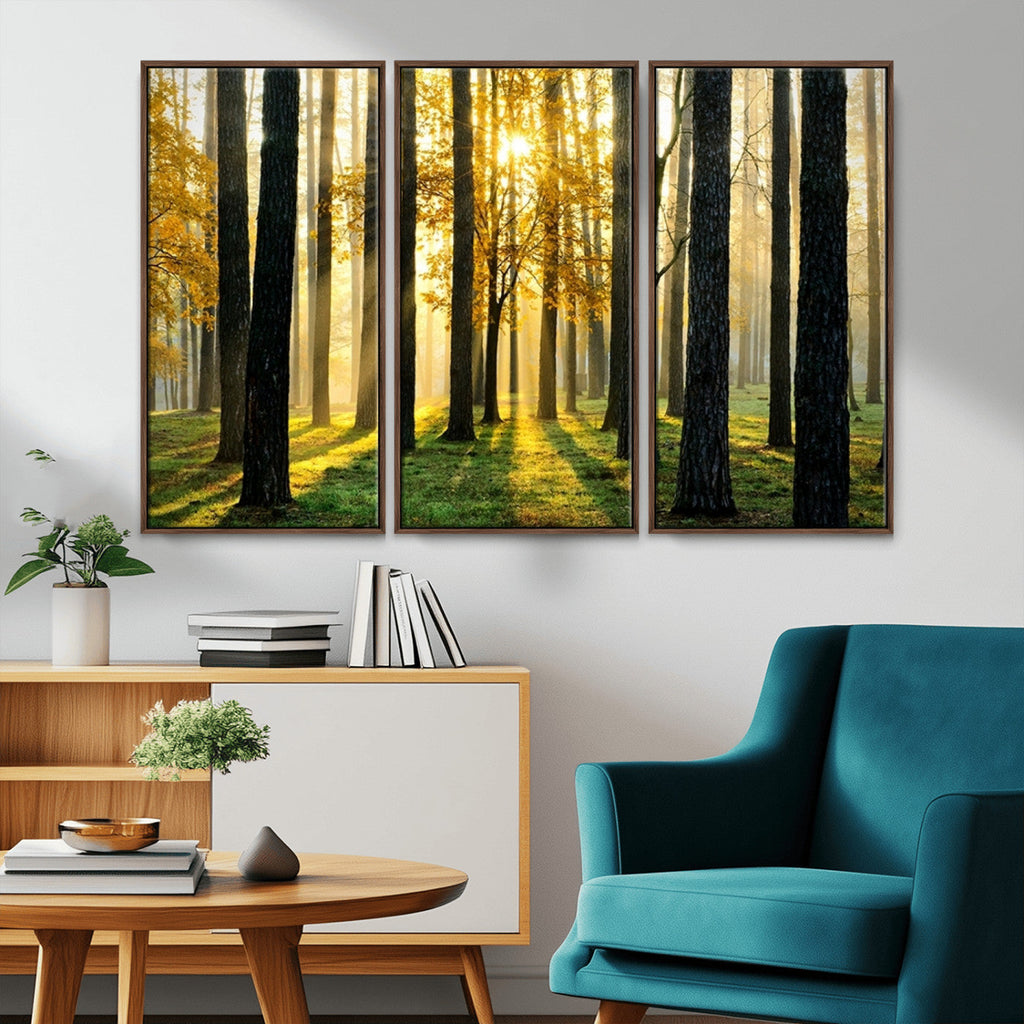 Sunlit Forest Wall Art Canvas Print, Large Framed Woodland Scene with Golden Light