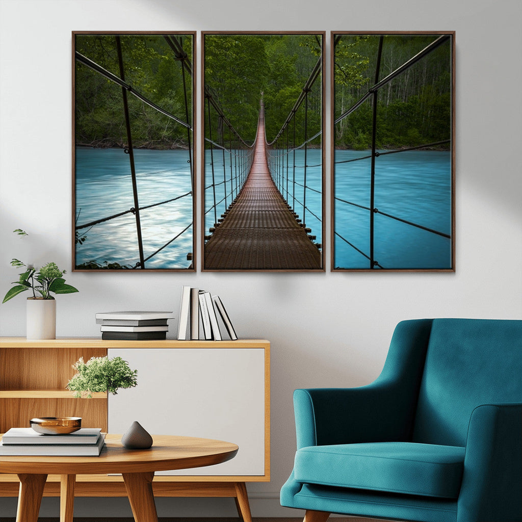 Suspension Bridge Over River Canvas Art | 3-Panel Nature Wall Art
