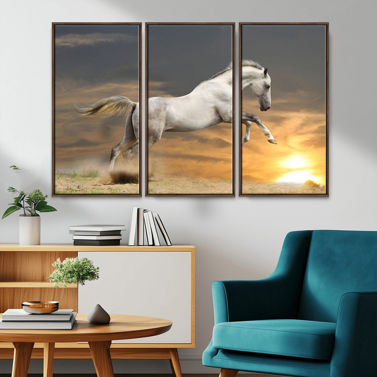 Large Wall Art Canvas Print, White Jumping Horse at Sunset