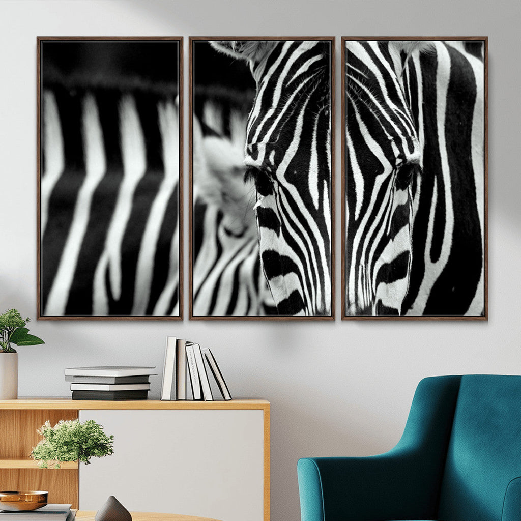 Zebra Wall Art | Zebra Close Up Canvas Print | Framed Black and White Wildlife