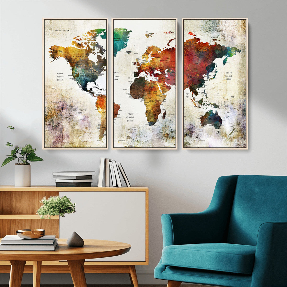 Watercolor World Map Canvas Print | Framed Travel Map Wall Art for Couples
