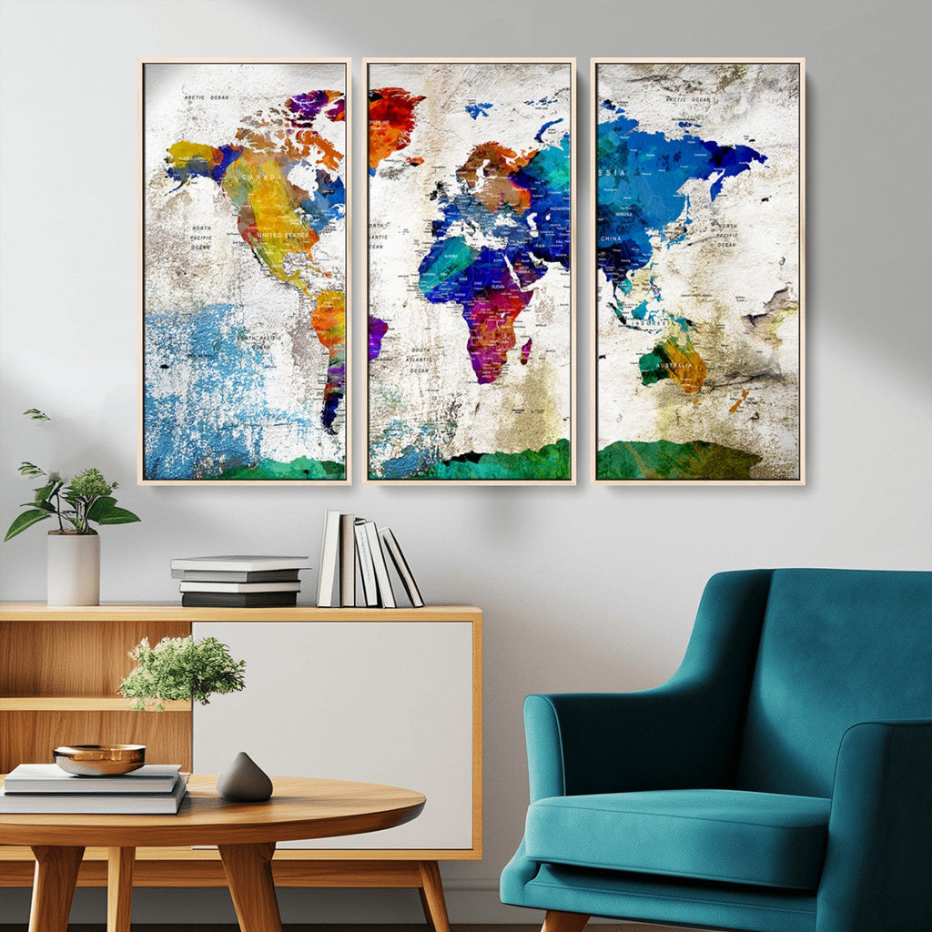 Navy Blue and Orange Watercolor World Map Canvas Print | Framed Travel Map