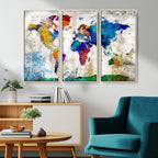 Navy Blue and Orange Watercolor World Map Canvas Print | Framed Travel Map