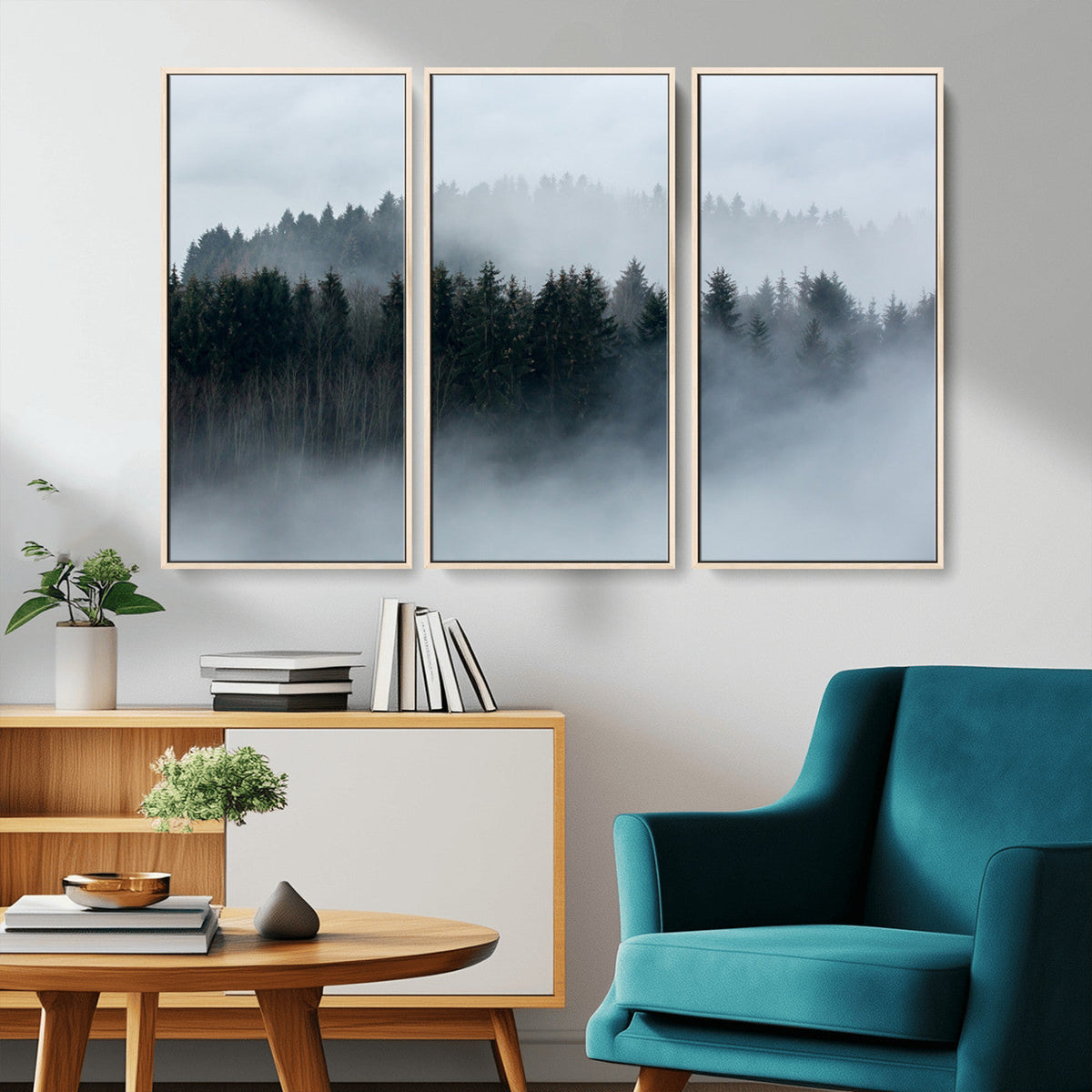 Autumn and Misty Trees in the Forest Wall Art Canvas Print, Foggy Forest Mountain Wall Art
